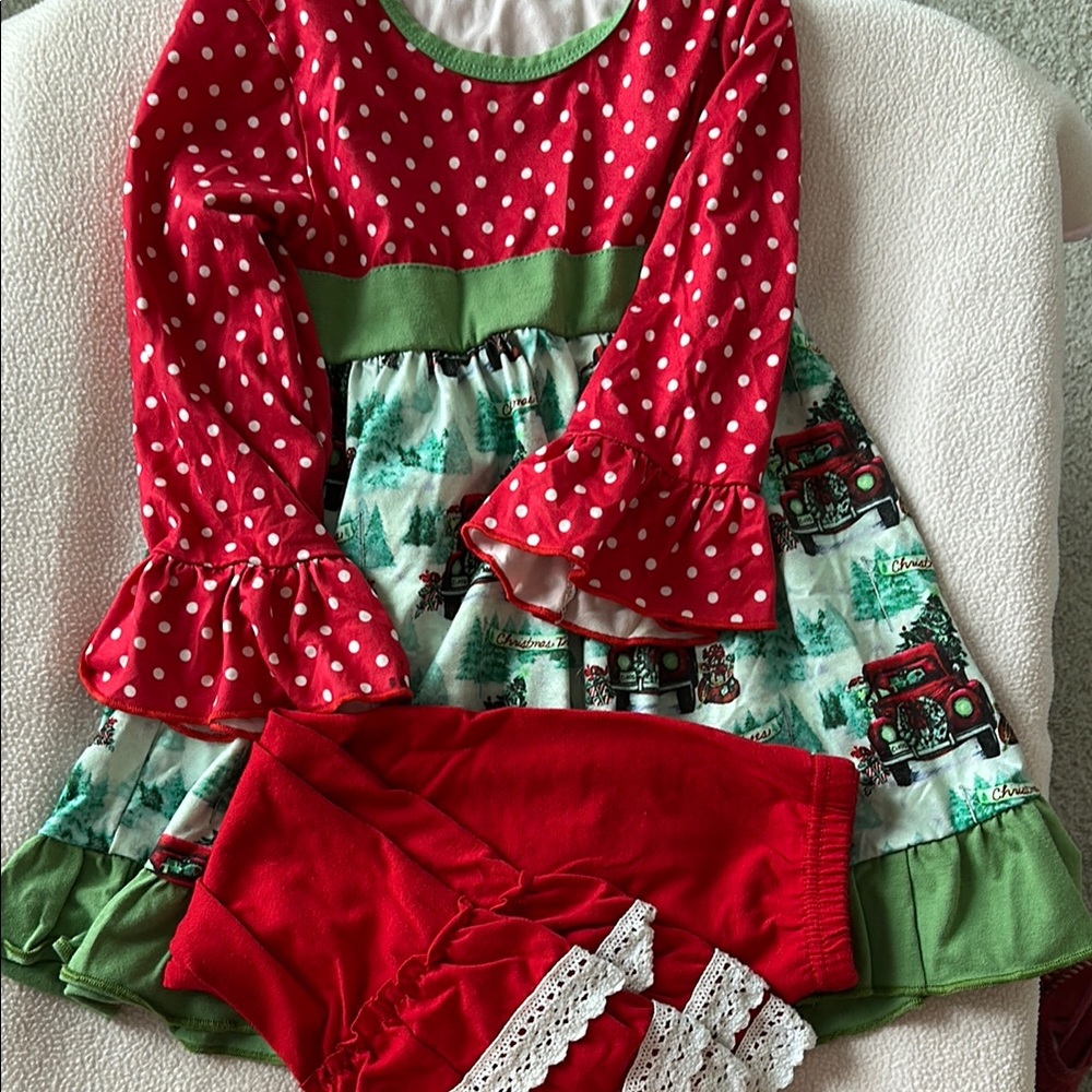 Red and Green dress with Ruffle pants